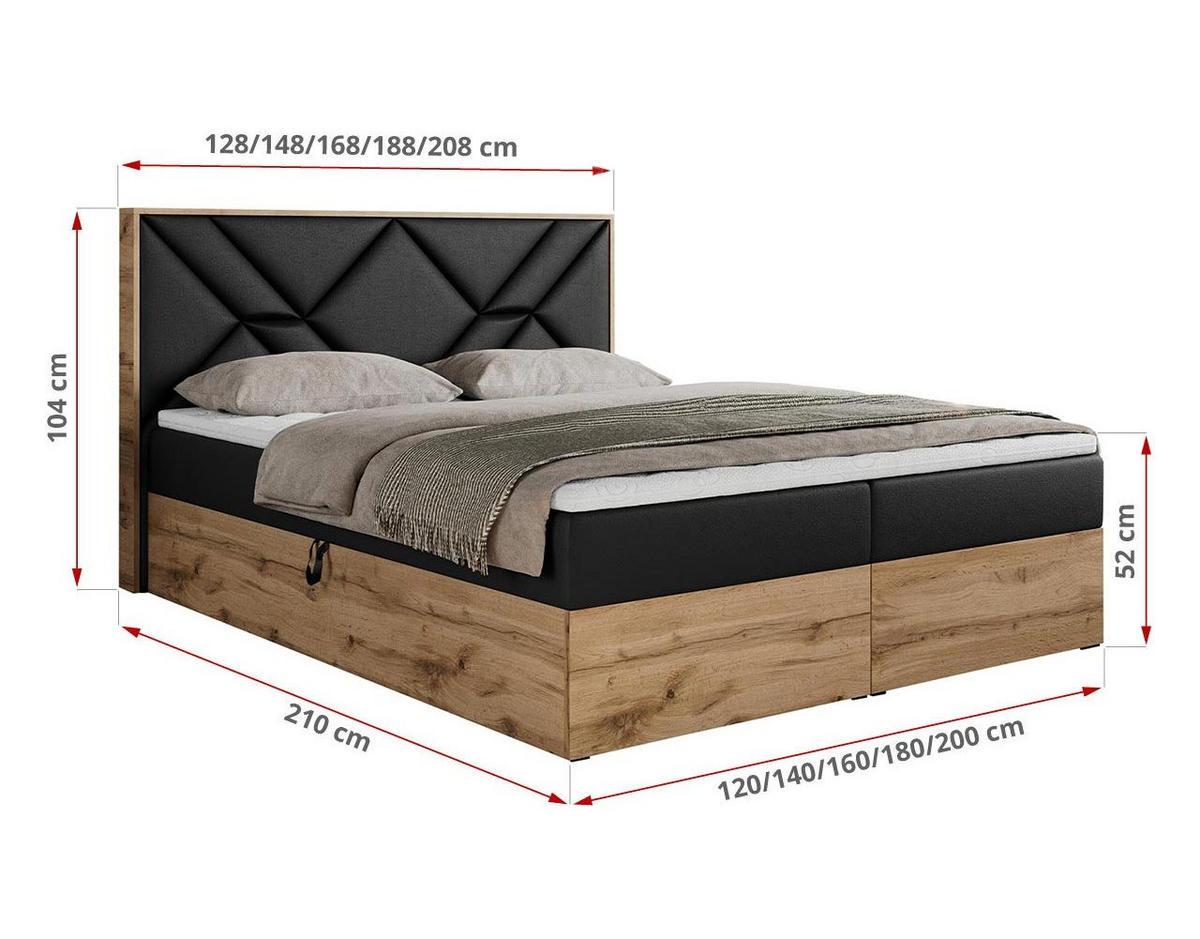 BOXBETT GUNAR - 120/200 Schwarz Kunstleder - H3 - Schwarz, Holz/Textil (120/200cm) - MKS