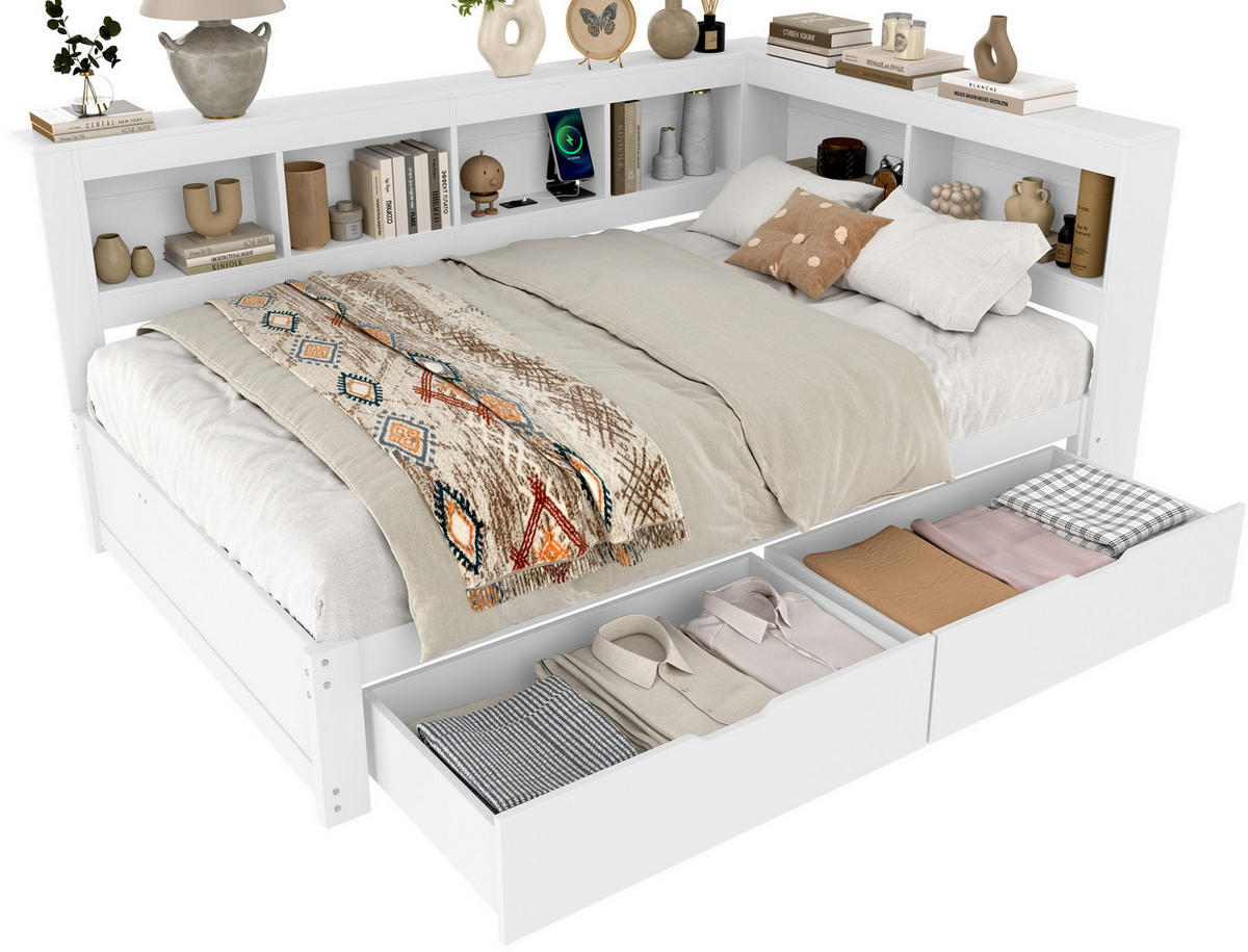 TAGEBETT 140x200cm Weiß Spanplatte 2 Schubladen Steckdose USB - Weiß, Holz (140/200cm) - FLIEKS