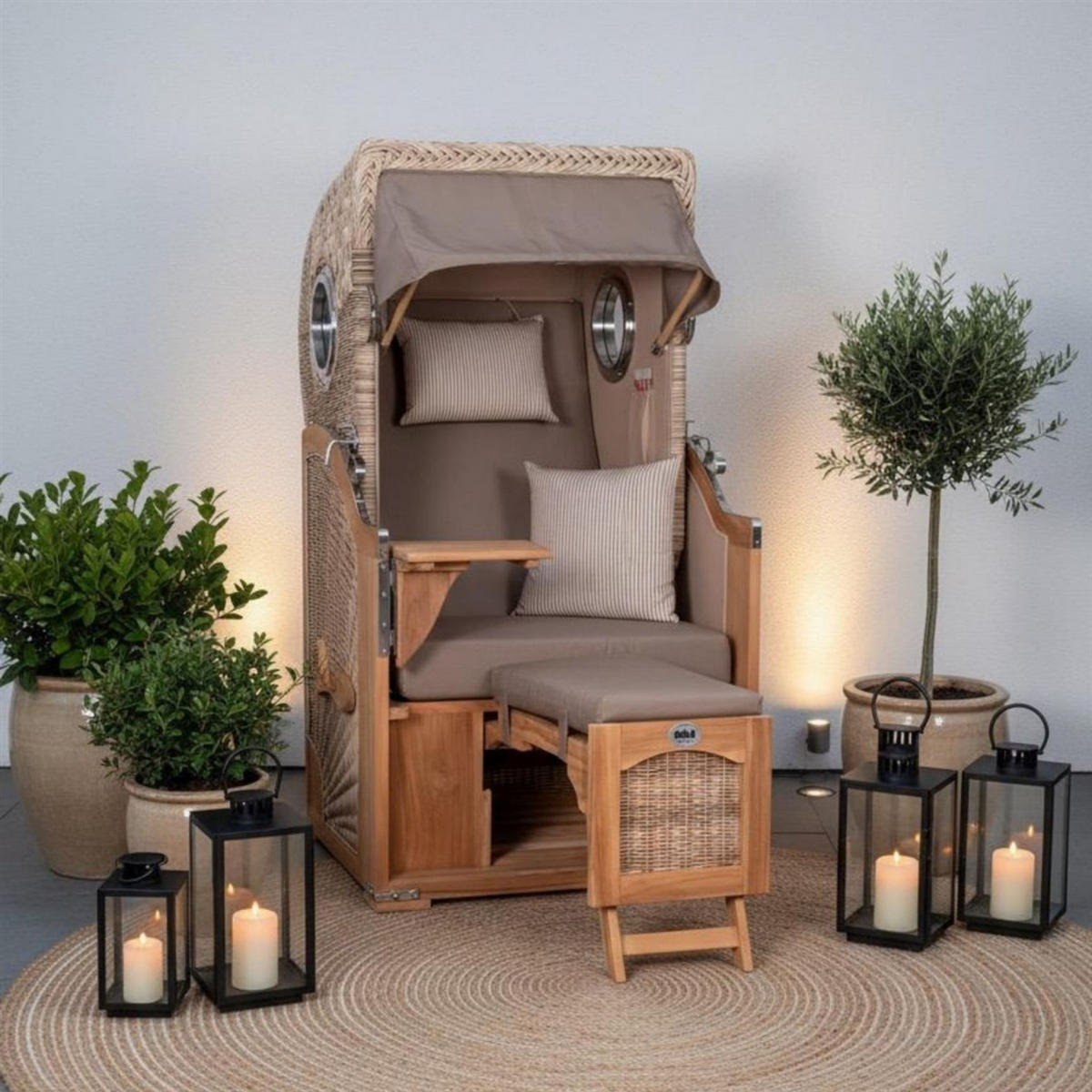 STRANDKORB Düne 1 Sitzer Teak PE Shell - Taupe/Braun, Holz/Textil (96/165/80cm) - Mr. Deko