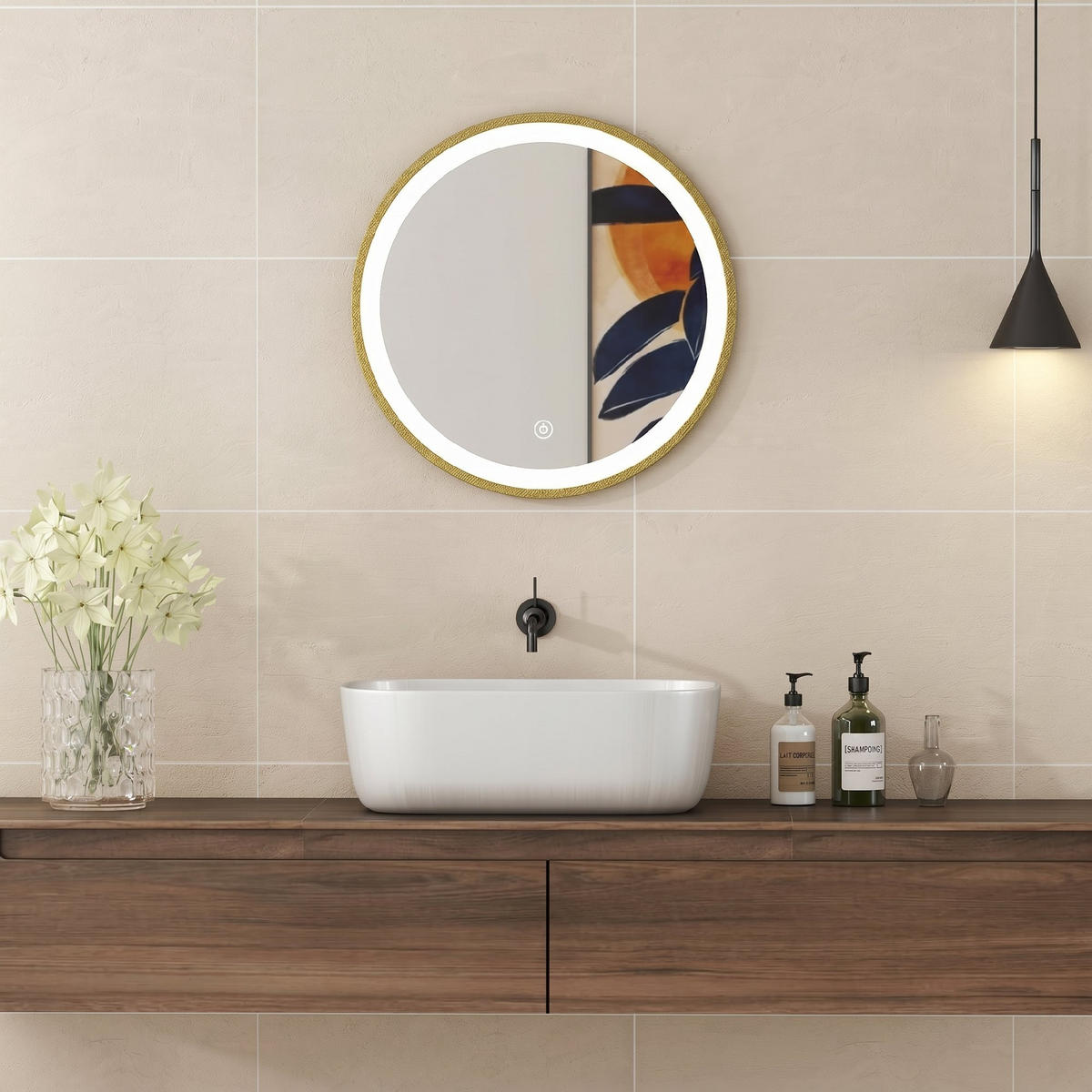 BADSPIEGEL, 3 Farbtemperaturen, dimmbar, goldfarben,Runder 40 cm - Goldfarben, Glas (40/40/3cm) - Vallsero