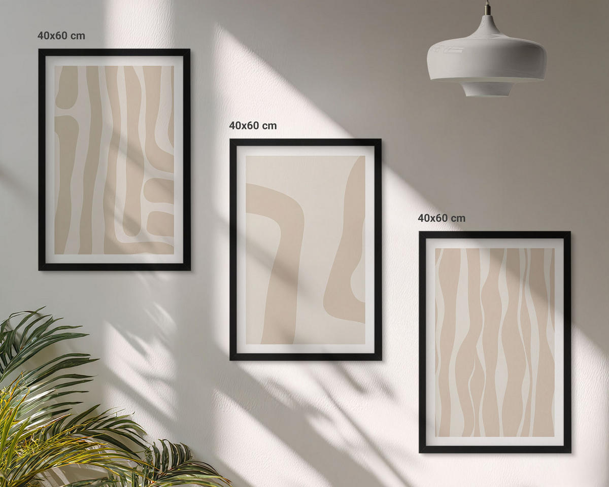 BILDER SET 3er Set - 40x60 cm Schwarzer Rahmen - Abstrakte Boho-Muster - Schwarz, Kunststoff (40/60cm) - TULUP