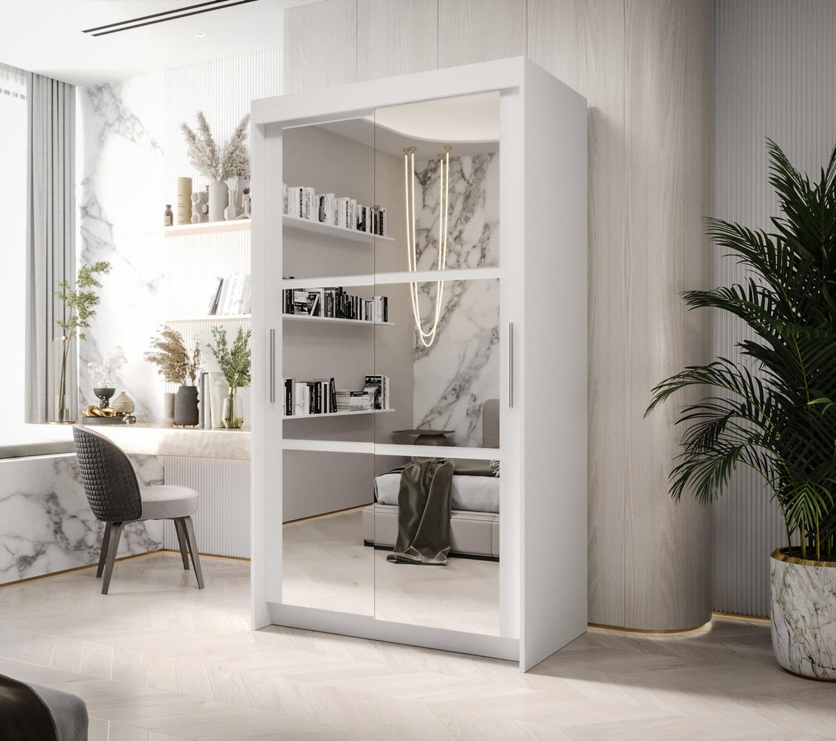 SCHIEBETÜRENSCHRANK BORA, 2-türig Kleiderschrank mit 1 Spiegel, Moderne Garderobe, Schrank in Größe: 100 x 216 x 60 cm - Weiß, Holzwerkstoff (100/216/60cm) - O-Sofa