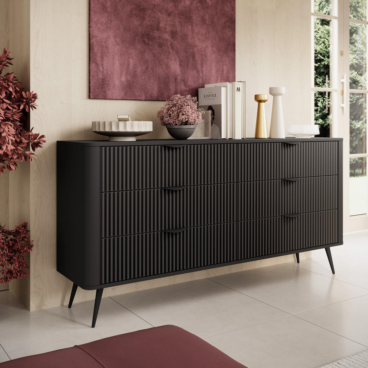 SIDEBOARD Flore 163 cm Schwarz - mit 6 Schubladen und Riffel-Optik - Schwarz, Holz/Holzwerkstoff (163/81/38cm) - Ravio