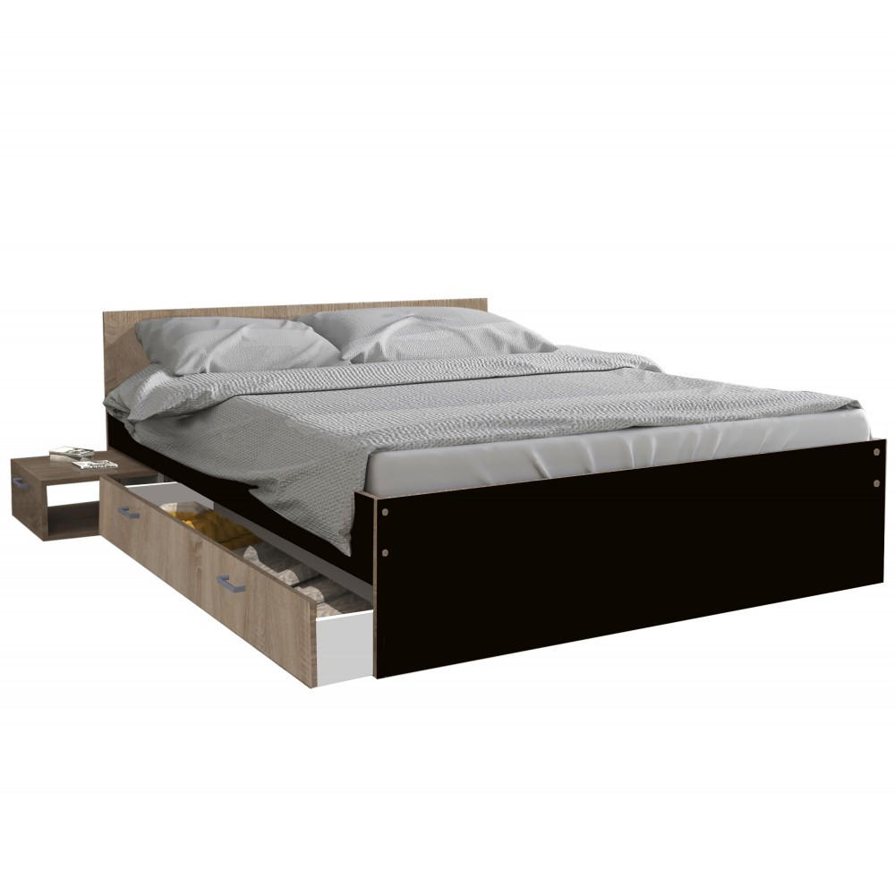 BETT TWIST mit Nachttisch/ Bett 140x190 - Schwarz und gebleichte Eiche Dekor - Multicolor, Holzwerkstoff (140/190cm) - Weber Industries
