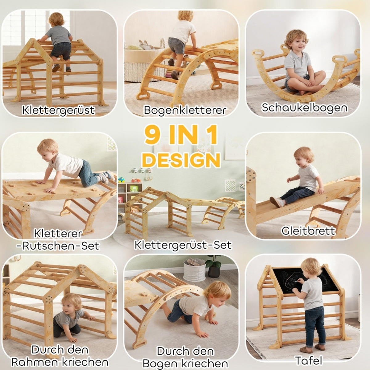 INDOOR-KLETTERGERÜST 9-in-1, mit Rampe, Rutsche, Leiter, Schreibtafel, für Kleinkinder, Holz - Kernbuche, Holz (80/247cm) - Hauptrolle