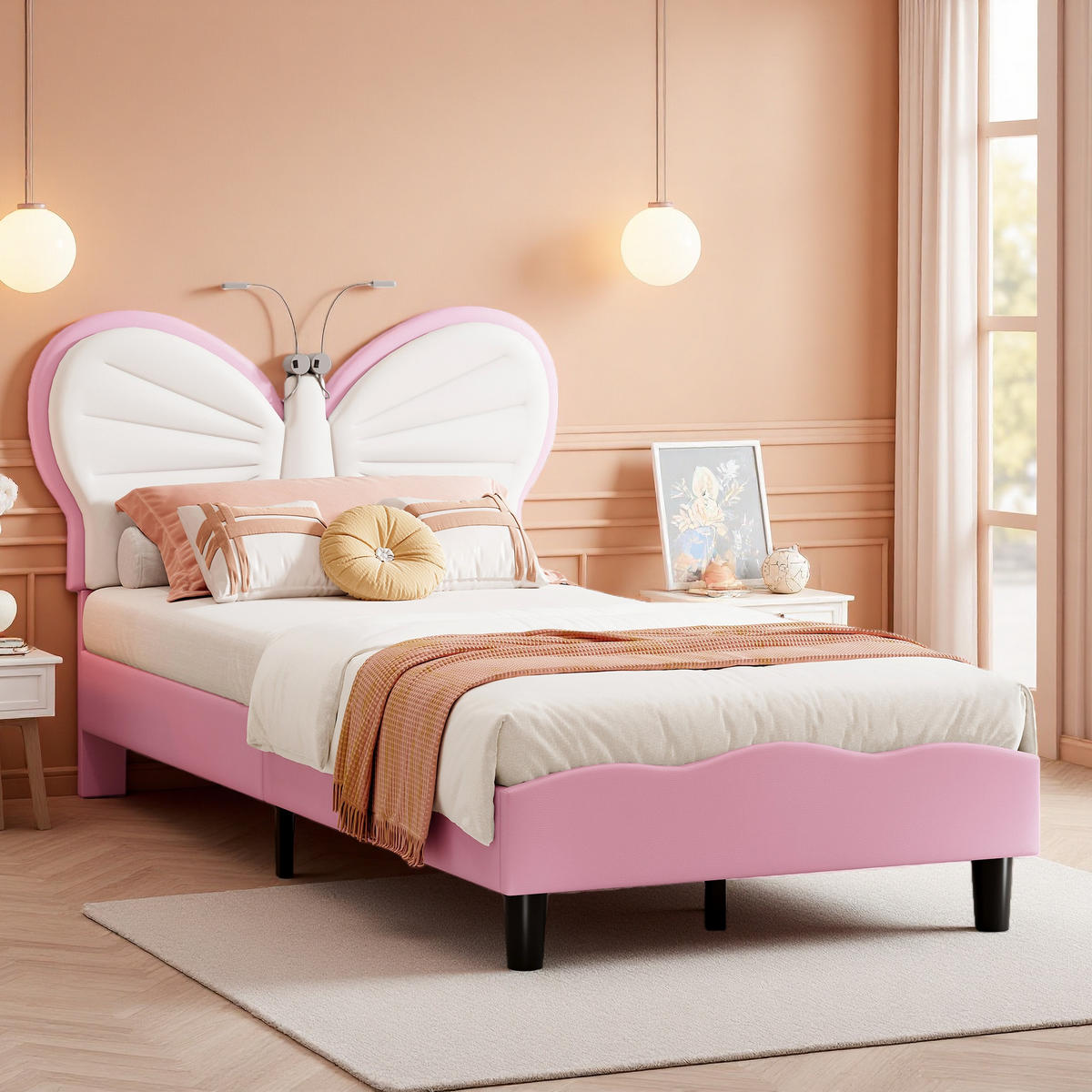 POLSTERBETT 90/190 cm Weiß Rosa mit LED-Leseleuchte - Rosa, Holz (90/190cm) - SHOPENTRA