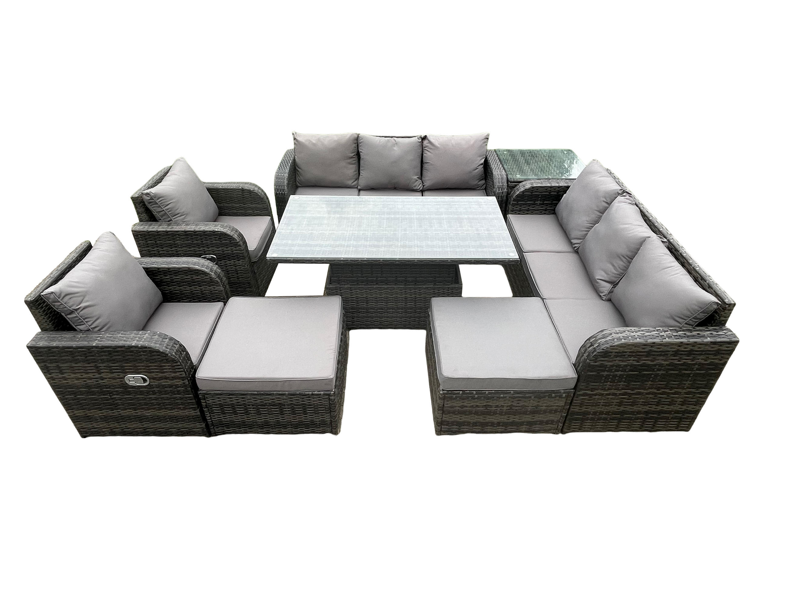 SITZGRUPPE GARTENSET MIT HOCKER Polyrattan Patio 10-Sitzer - Dunkelgrau/Grau, Glas/Kunststoff - Fimous