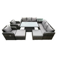 SITZGRUPPE GARTENSET MIT HOCKER Polyrattan Patio 10-Sitzer - Dunkelgrau/Grau, Glas/Kunststoff - Fimous