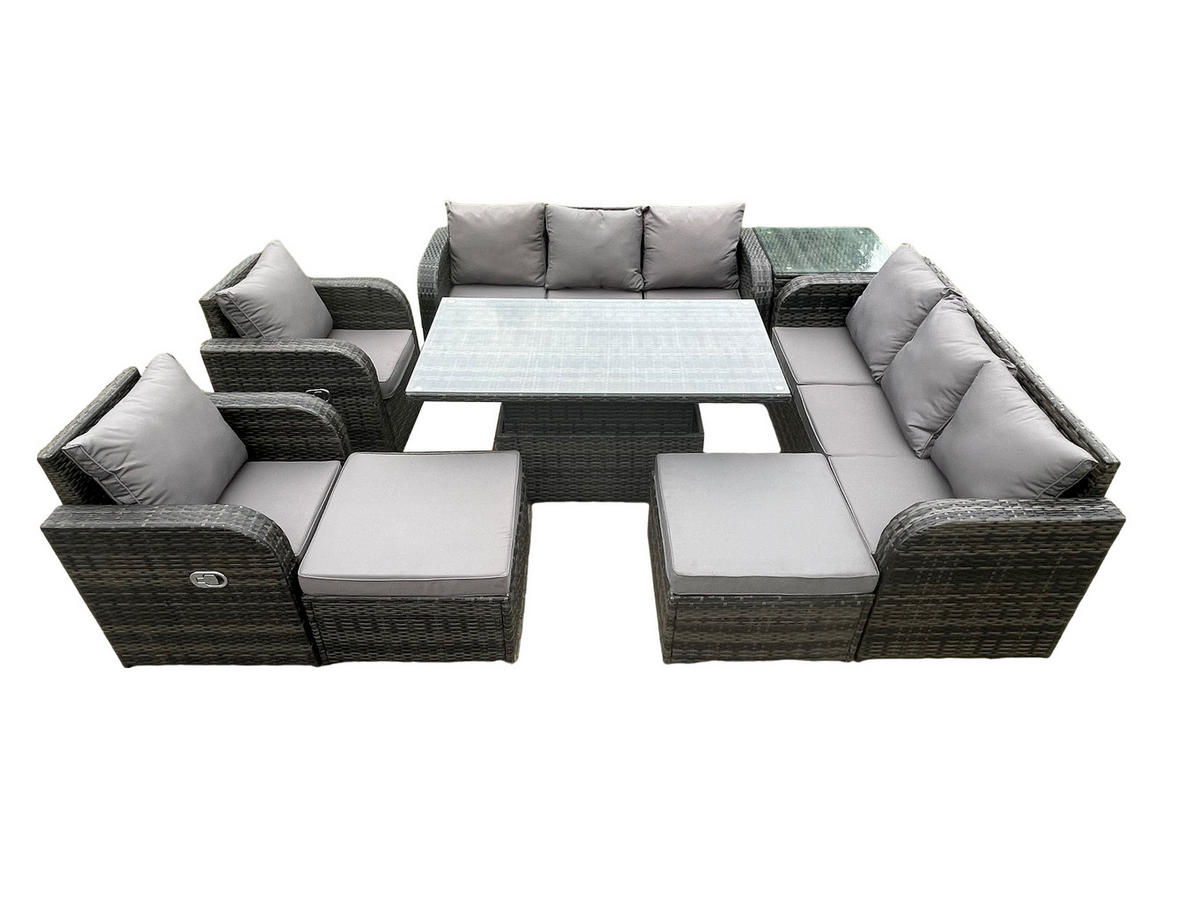 SITZGRUPPE GARTENSET MIT HOCKER Polyrattan Patio 10-Sitzer - Dunkelgrau/Grau, Glas/Kunststoff - Fimous