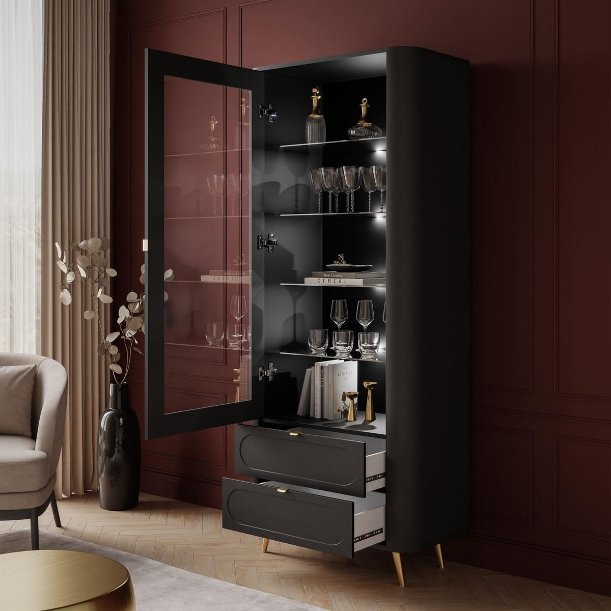 VITRINE SHADOW II verglast mit Regalböden - Schwarz, Holzwerkstoff (78/185/40cm) - Lookway