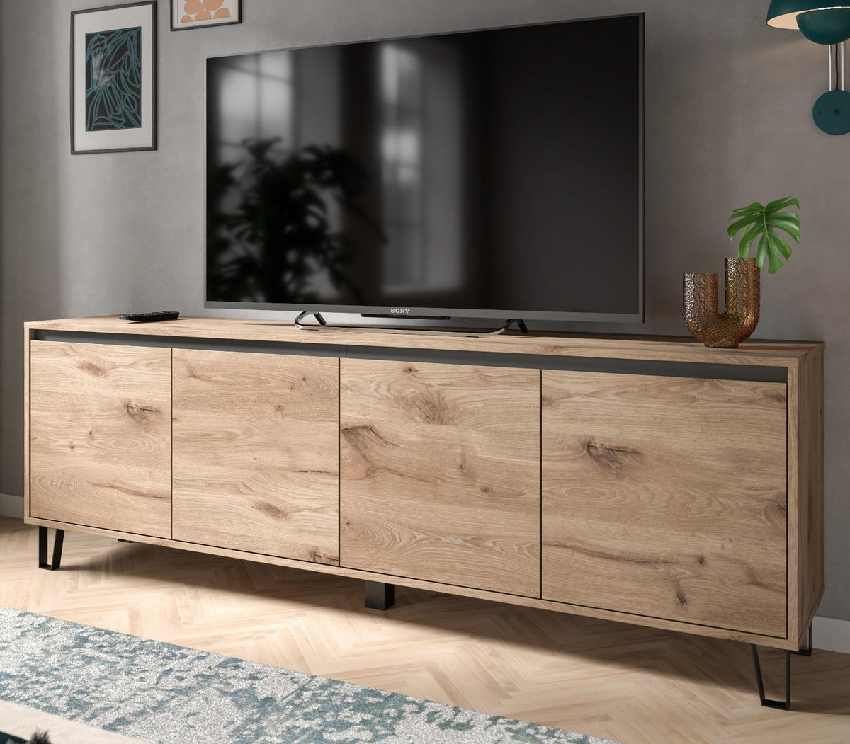 TV-LOWBOARD Eiche Viking 184 cm, Fernsehschrank in Komforthöhe mit Soft-Close - Eichefarben/Schwarz, Holz/Holzwerkstoff (184/64/40cm) - Inn.Furn