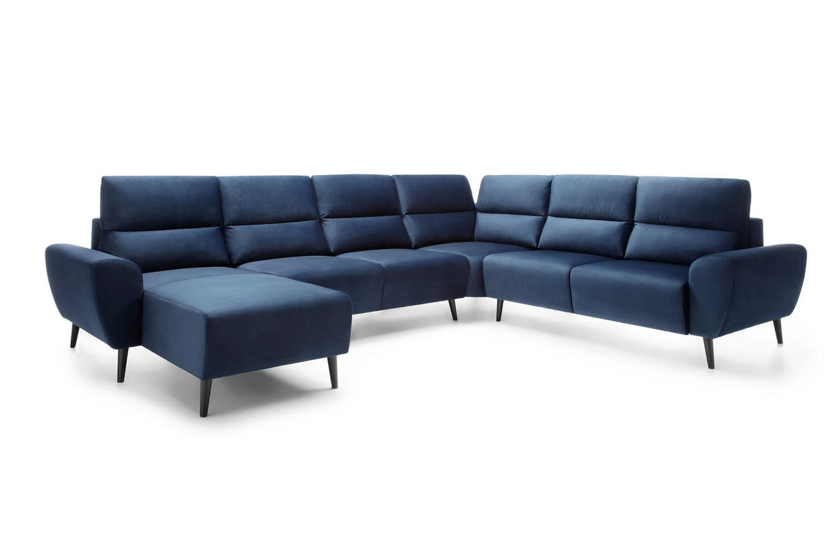 ECKSOFA BOSCO U-Form, Monolith-Stoff, Freistehend, mit verstellbaren Kopfstützen, Sofa für Familien, Größe: 340x270x98cm, Farbe: Blau - Blau, Holz/Textil (270/340cm) - DomoHome