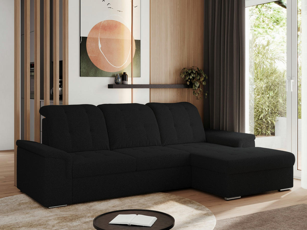 ECKSOFA MADRITO L - Schwarz Boucle - Rechts - Silberfarben/Schwarz, Textil/Metall (256/160cm)
