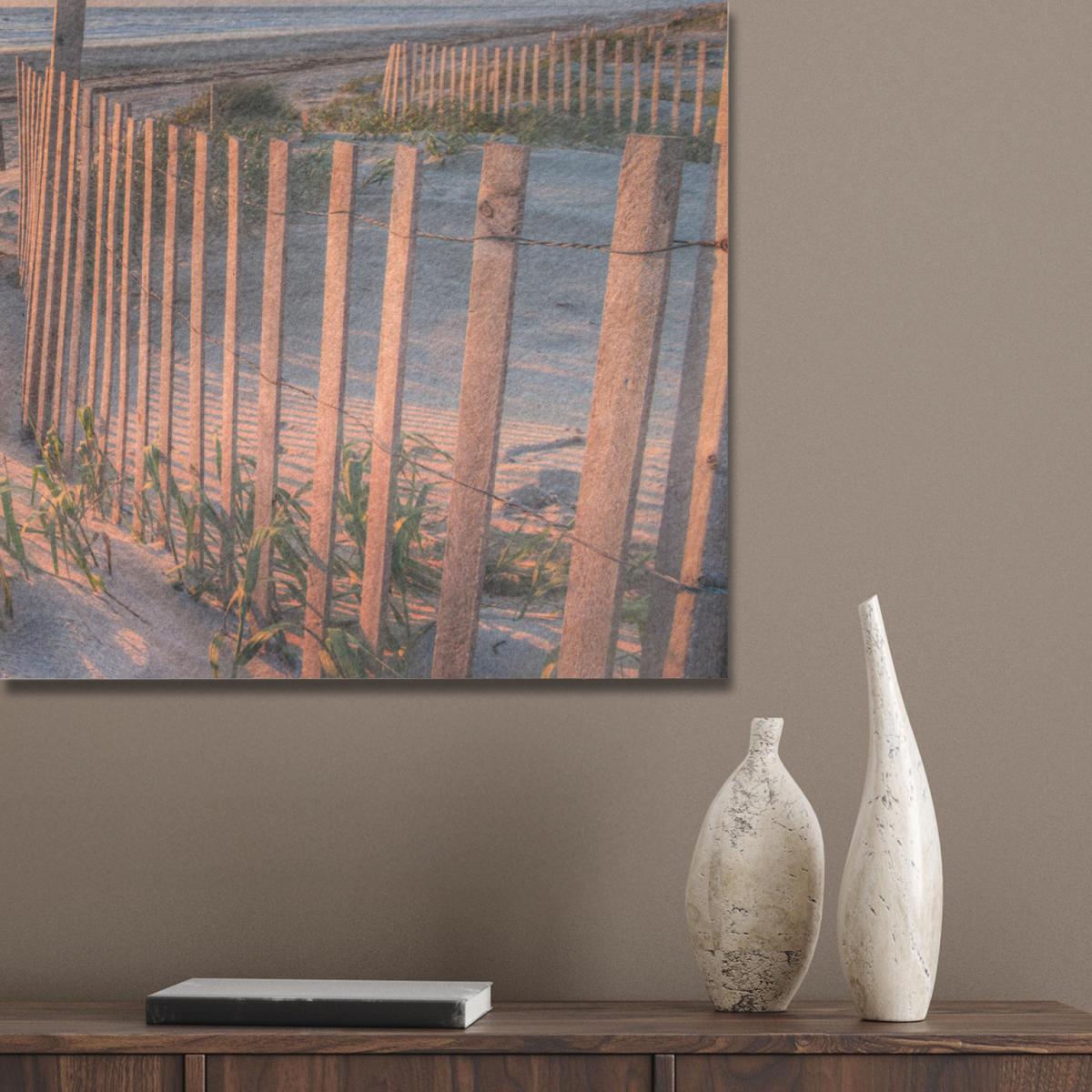 AKUSTIKBILD Strand - Meer - Düne - Sonnenuntergang - Landschaft Akustikpaneele 90x60 cm - Beige, Kunststoff (90/60/0.9cm) - MuchoWow