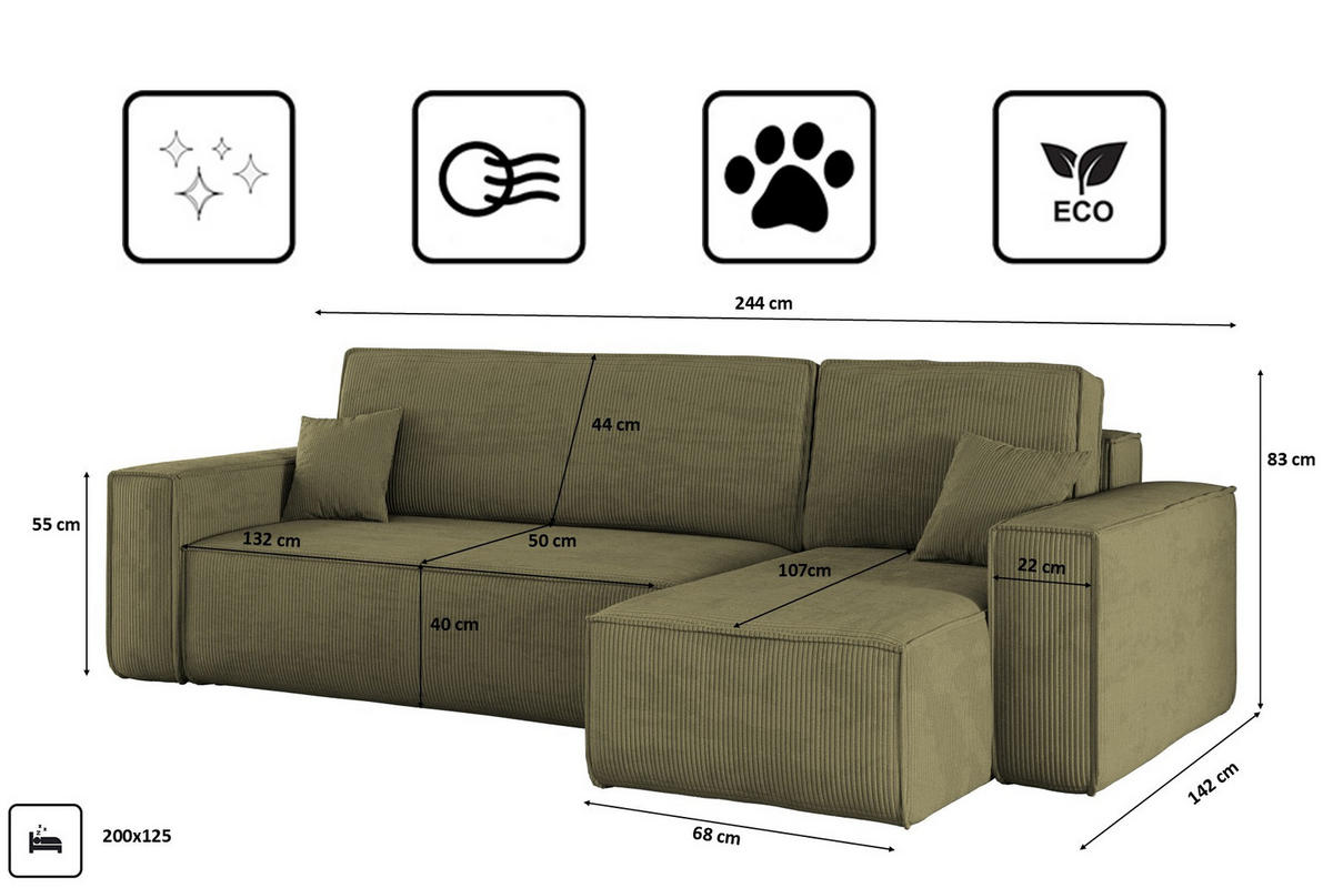 ECKSOFA Mit Schlaffunktion Und Bettkasten BEST Stoff Poso Dicker Cord Olive Rechts - Olivgrün, Holz/Textil (244/142cm) - Kaiser Möbel