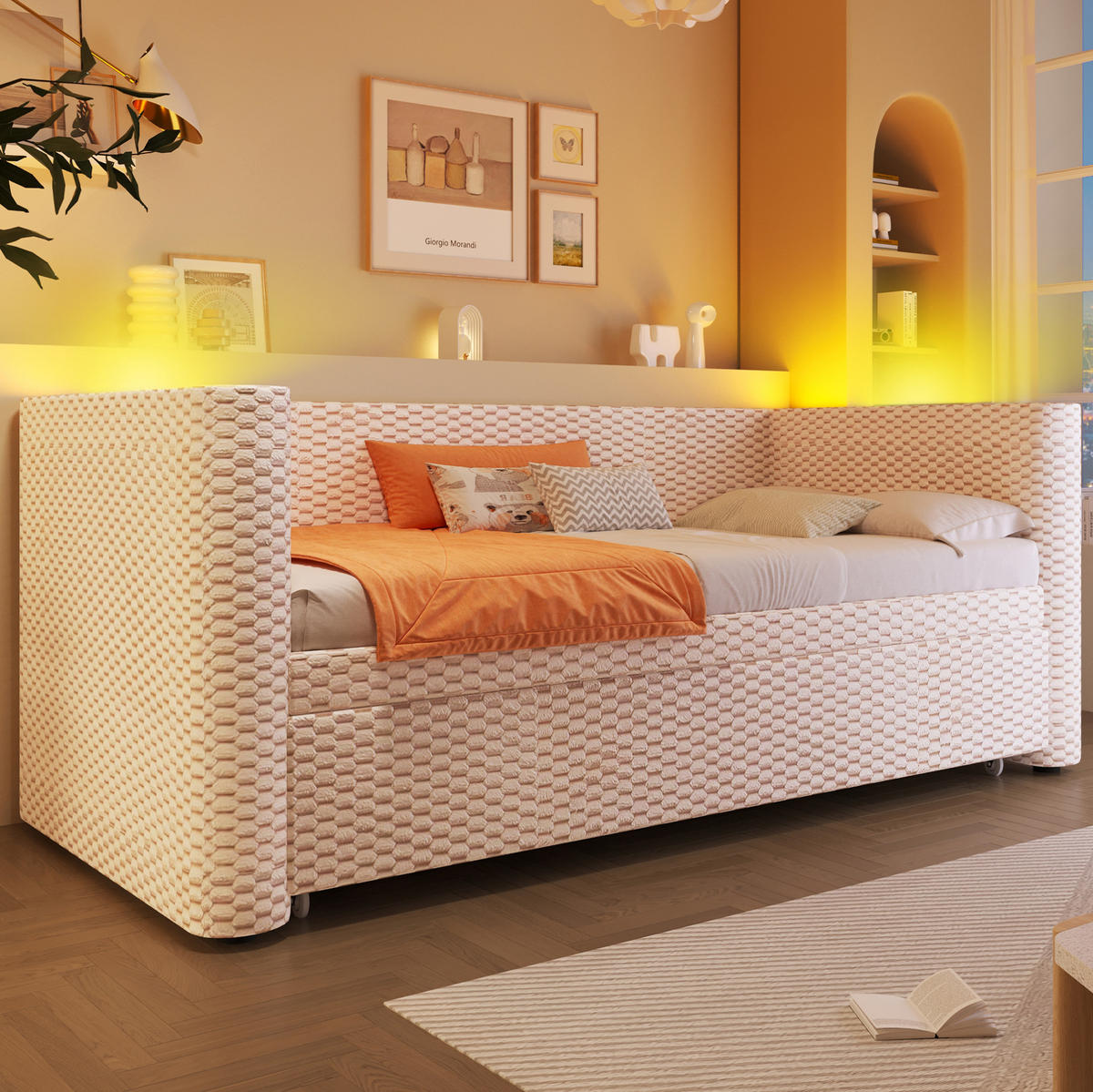 TAGESBETT aus Samt 90x200 cm Beige mit Ausziehfunktion, LED-Beleuchtung und Liegefläche 180x200 cm - Beige, Textil (90/200cm) - Modfu