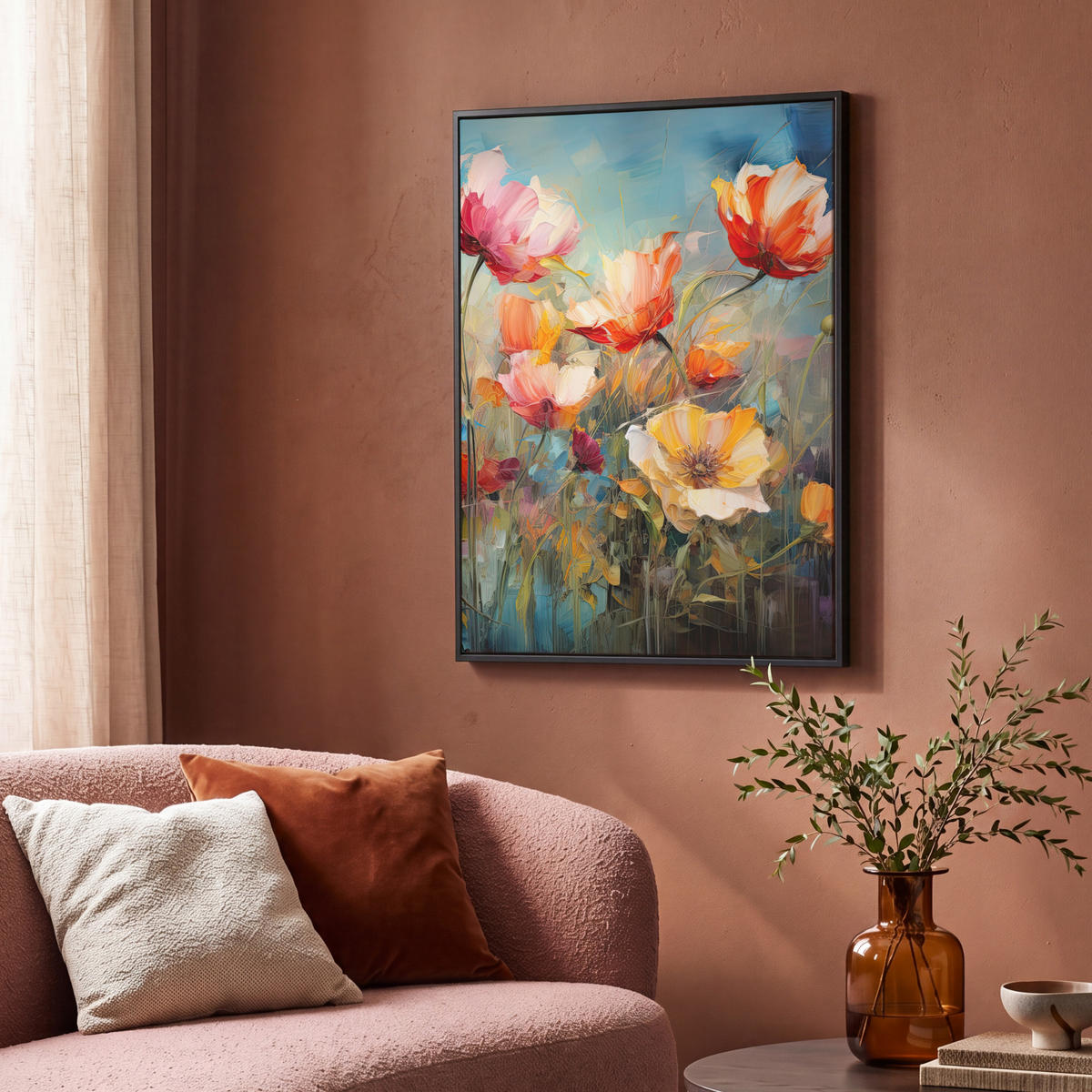 LEINWAND Bilder mit Rahmen - Blumen - Aquarell - Kunst - Botanisch - Natur - 70x100 - Orange, Textil (70/100cm) - MuchoWow