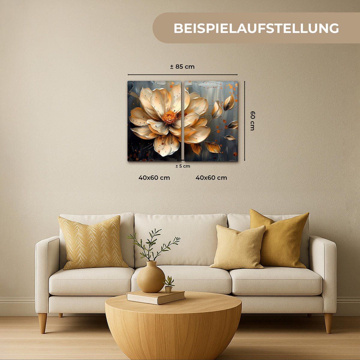 LEINWANDBILD 2er Set Blume - Gold - Abstrakt - Farbe 80x60 cm - Creme, Textil (80/60cm) - MuchoWow