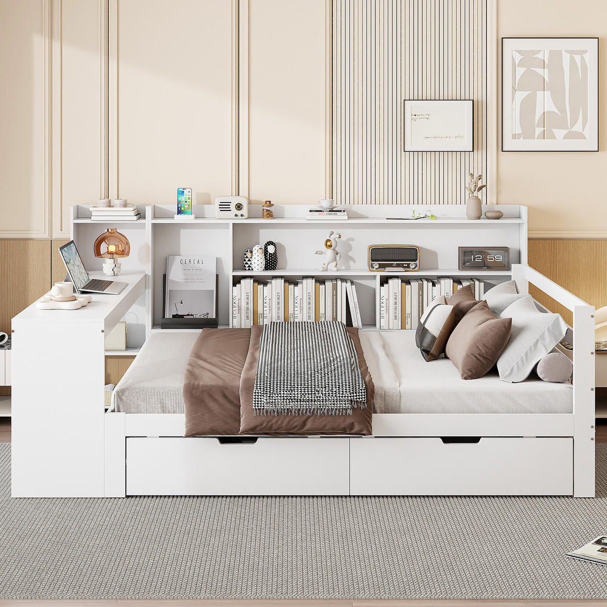 BETT 140/200 cm aus Holz mit Schreibtisch, Regalen und USB-Anschluss - Weiß, Holz (140/200cm) - Flora Grace