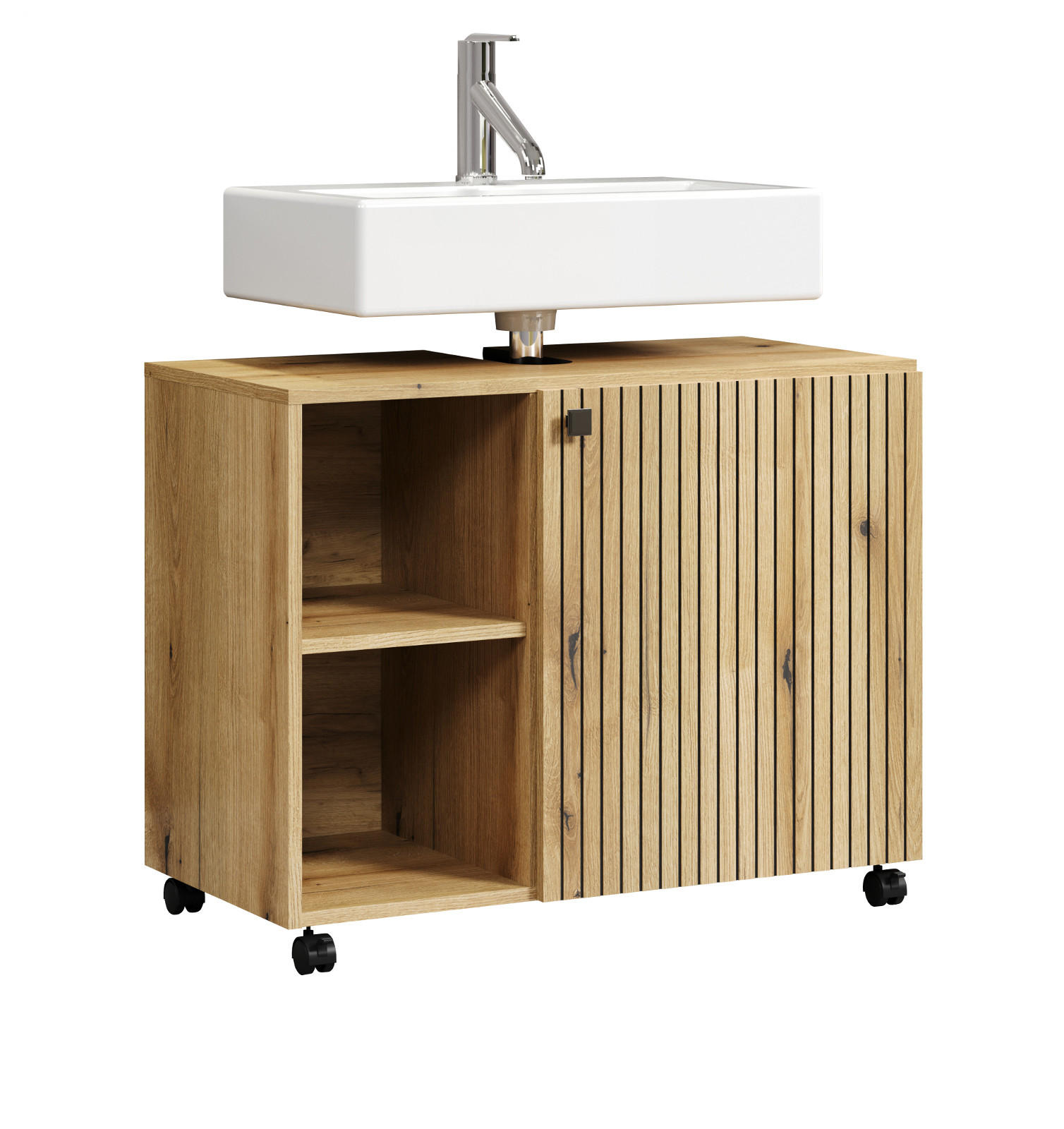 WASCHBECKENUNTERSCHRANK Evoke Eiche 80 cm, Badschrank auf Rollen - Eichefarben/Schwarz, Holzwerkstoff/Kunststoff (80/64/42cm) - Top.Furn