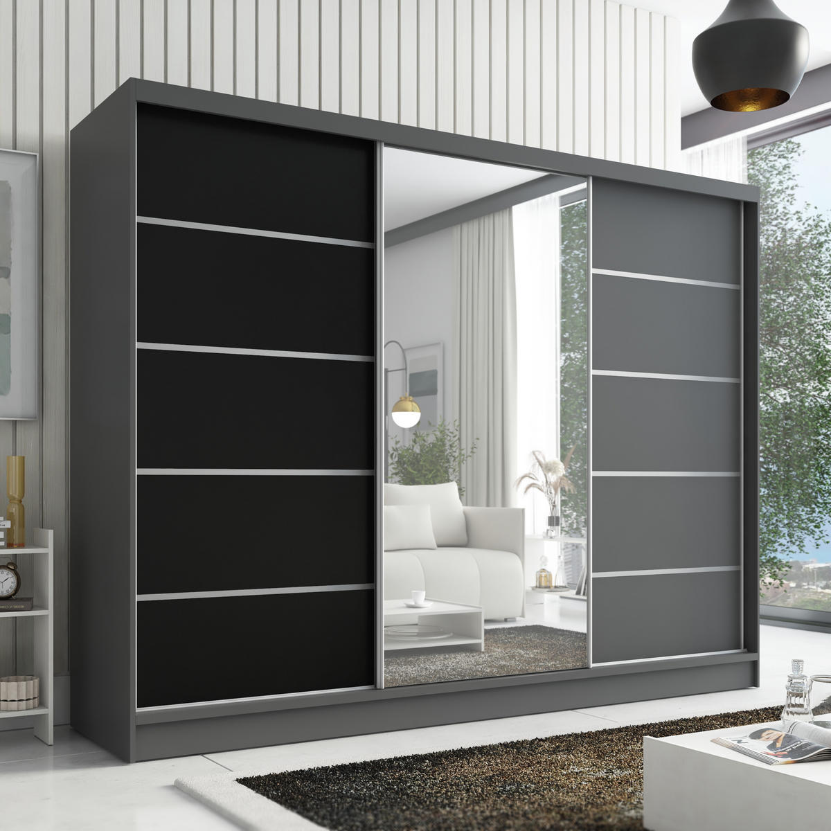 SCHWEBETÜRENSCHRANK 200 cm AURELIA 1 Farbe: Graphit, Schwarz, Graphit - Graphitfarben/Schwarz, Holzwerkstoff (200/215/60cm) - A&J MöbelLand