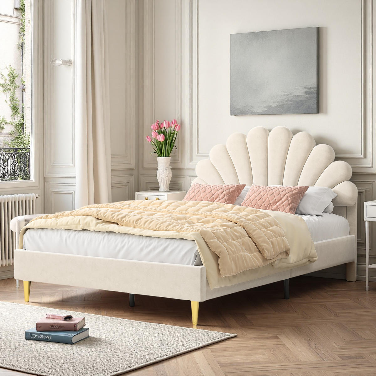POLSTERBETT 140x200 cm Beige Samt Blütenkopfteil Gepolstert - Beige, Holz (140/200cm) - SHOPENTRA