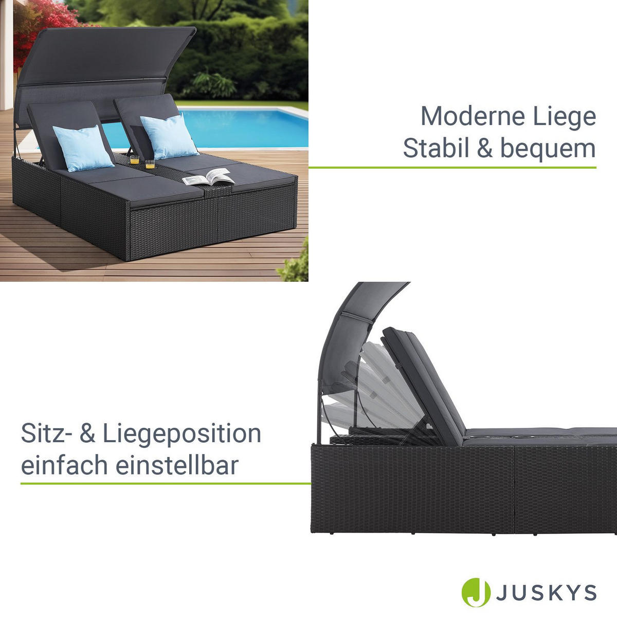 DOPPEL-SONNENLIEGE Syros mit Dach schwarz - Schwarz, Metall (160/156/200cm) - Juskys