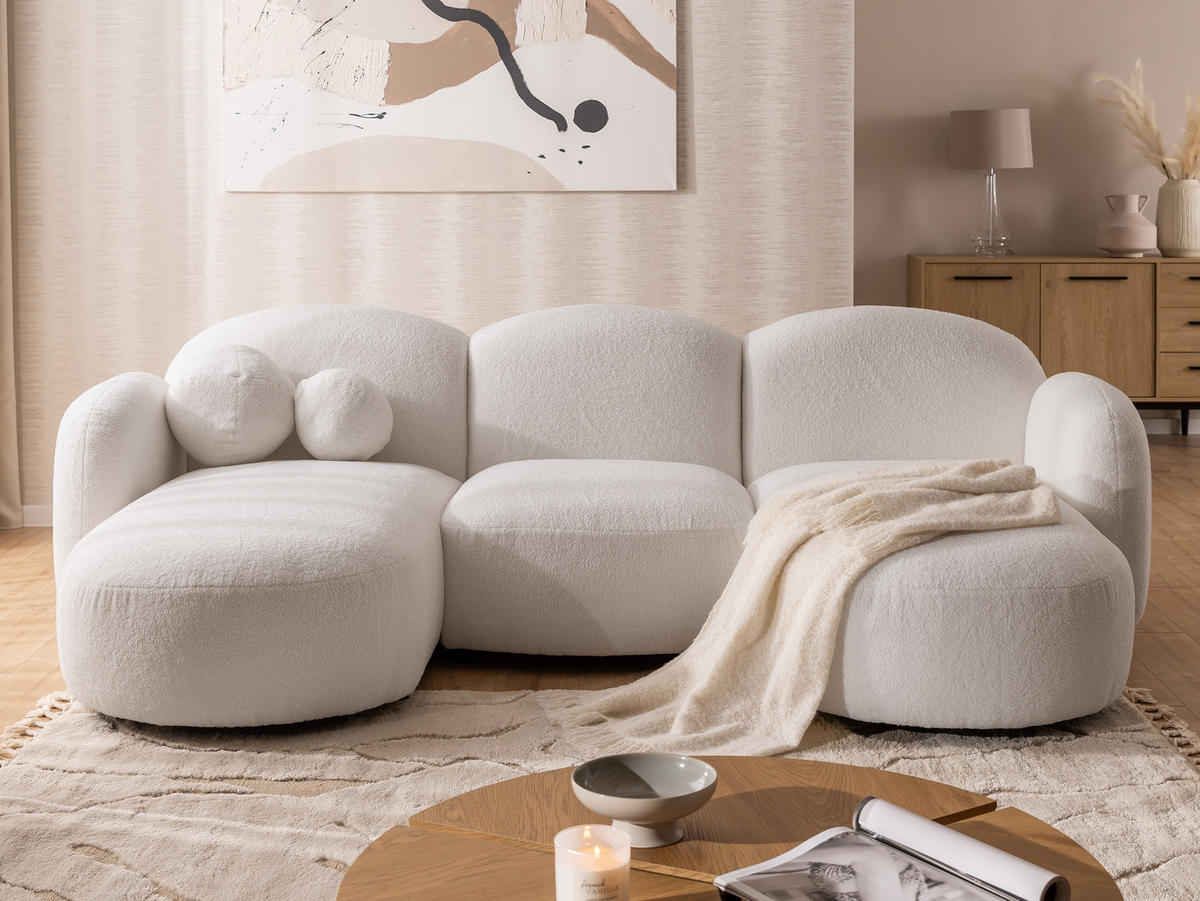 WOHNLANDSCHAFT Nuvola mit abgerundetem Design Weiß Bouclé-Stoff - Schwarz/Weiß, Holz/Kunststoff (268/80/146cm) - S-Style Möbel