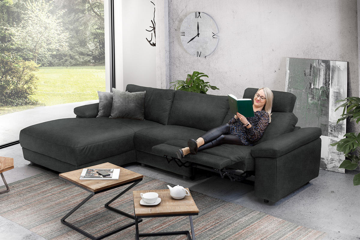 ECKSOFA XL MOTOR. RELAXFUNKTION LOLA Schwarz Leder - Schwarz, Leder (304/178cm) - KAWOLA