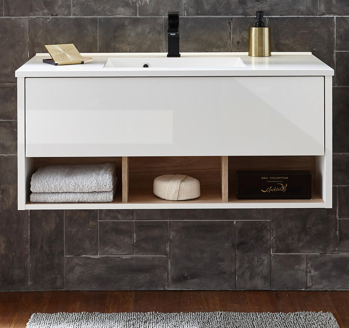 WASCHTISCH weiß Hochglanz und Eiche , Set Waschbeckenunterschrank inklusive Waschbecken, Breite 100 cm - Weiß Hochglanz/Eichefarben, Holzwerkstoff/Metall (100/44/47cm) - Furn.Design