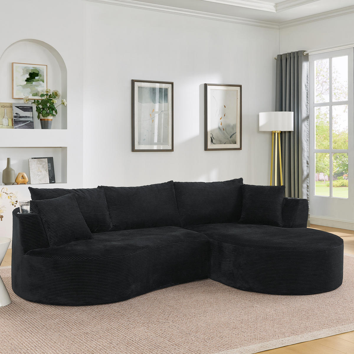 3-SITZER ECKSOFA Cord Schwarz mit Getränkehaltern und Kissen - Schwarz, Textil (264/168cm) - WISHDOR