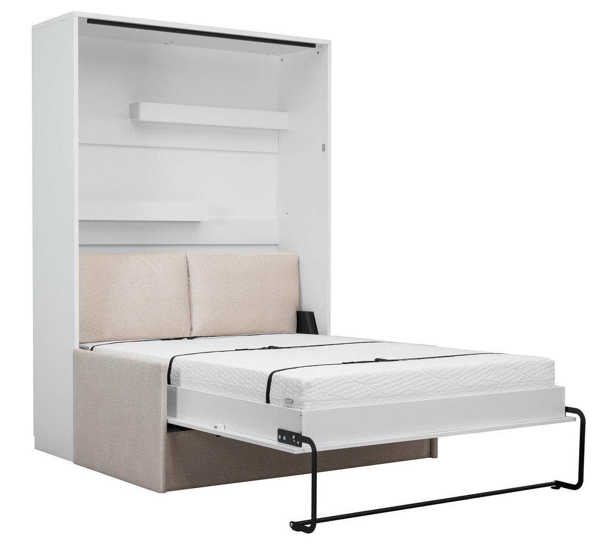 SCHRANKBETT Wandbett GN 140x200 weiß hochglanz mit LED & Sofa - Beige - Weiß Hochglanz/Beige, Holz/Holzwerkstoff (140/200cm) - QMM TraumMöbel