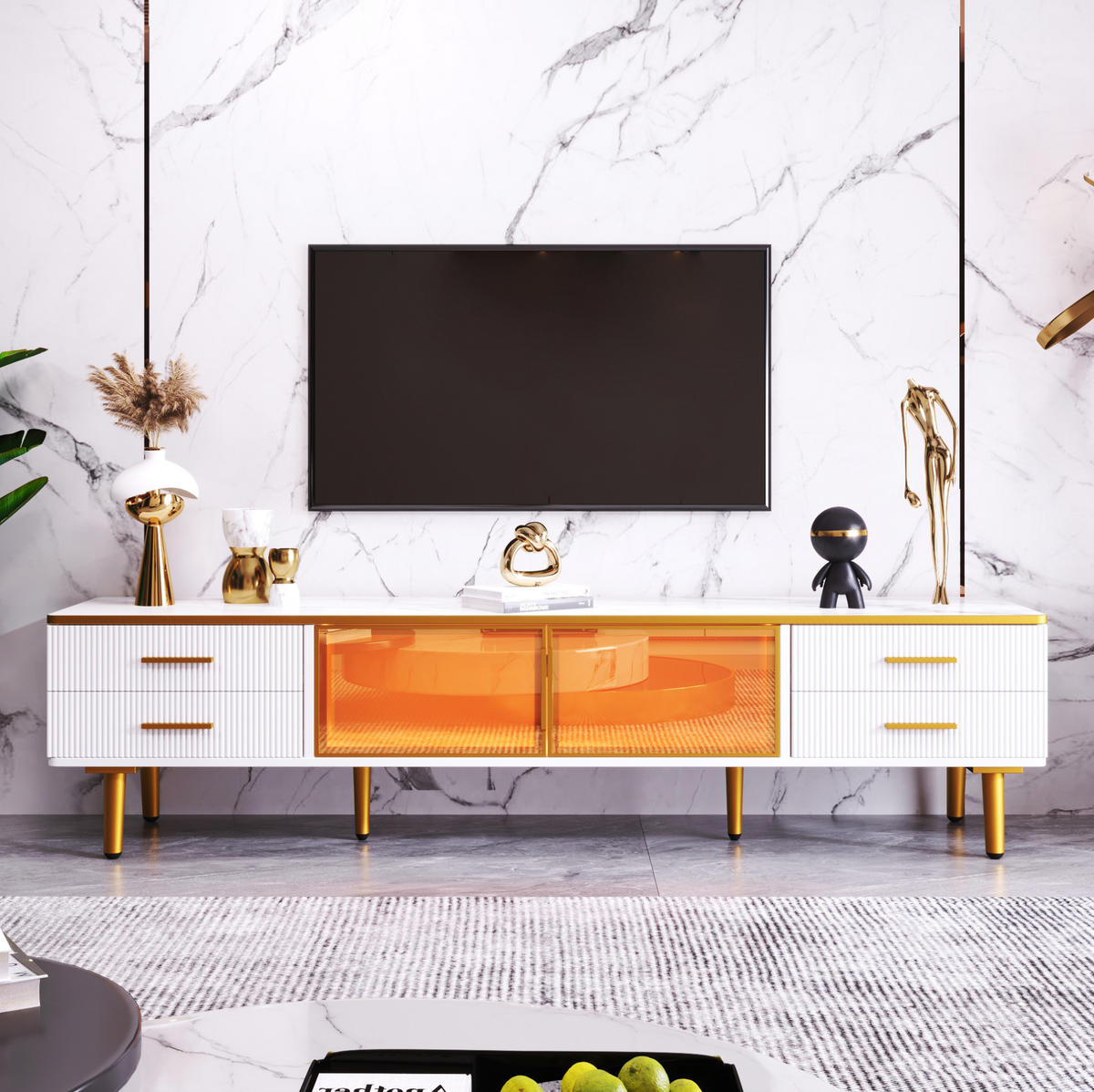 TV-LOWBOARD aus Spanplatte in Marmoroptik 170x37x47,5 cm Weiß mit LED-Beleuchtung und 4 Schubladen - Weiß, Holzwerkstoff (170/47.5/37cm) - IVMEU