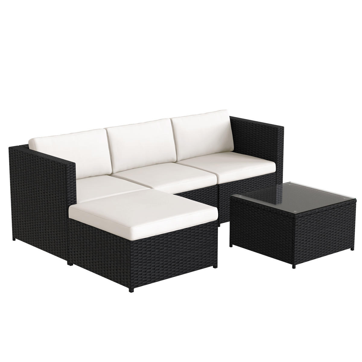 GARTENSETS aus Polyrattan 196x136x67cm Schwarz mit Couchtisch aus Glas - Schwarz, Metall - Modfu