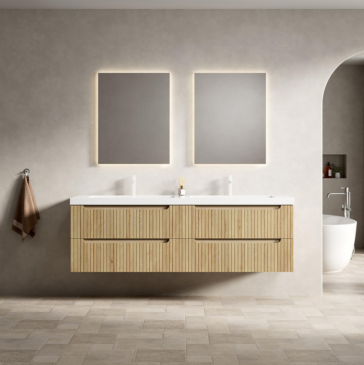 WASCHTISCHUNTERSCHRANK 160x46x53cm Weiß/Weißeiche mit Kunststeinbecken - Eichefarben, Kunststoff (160/53/46cm) - Modfu