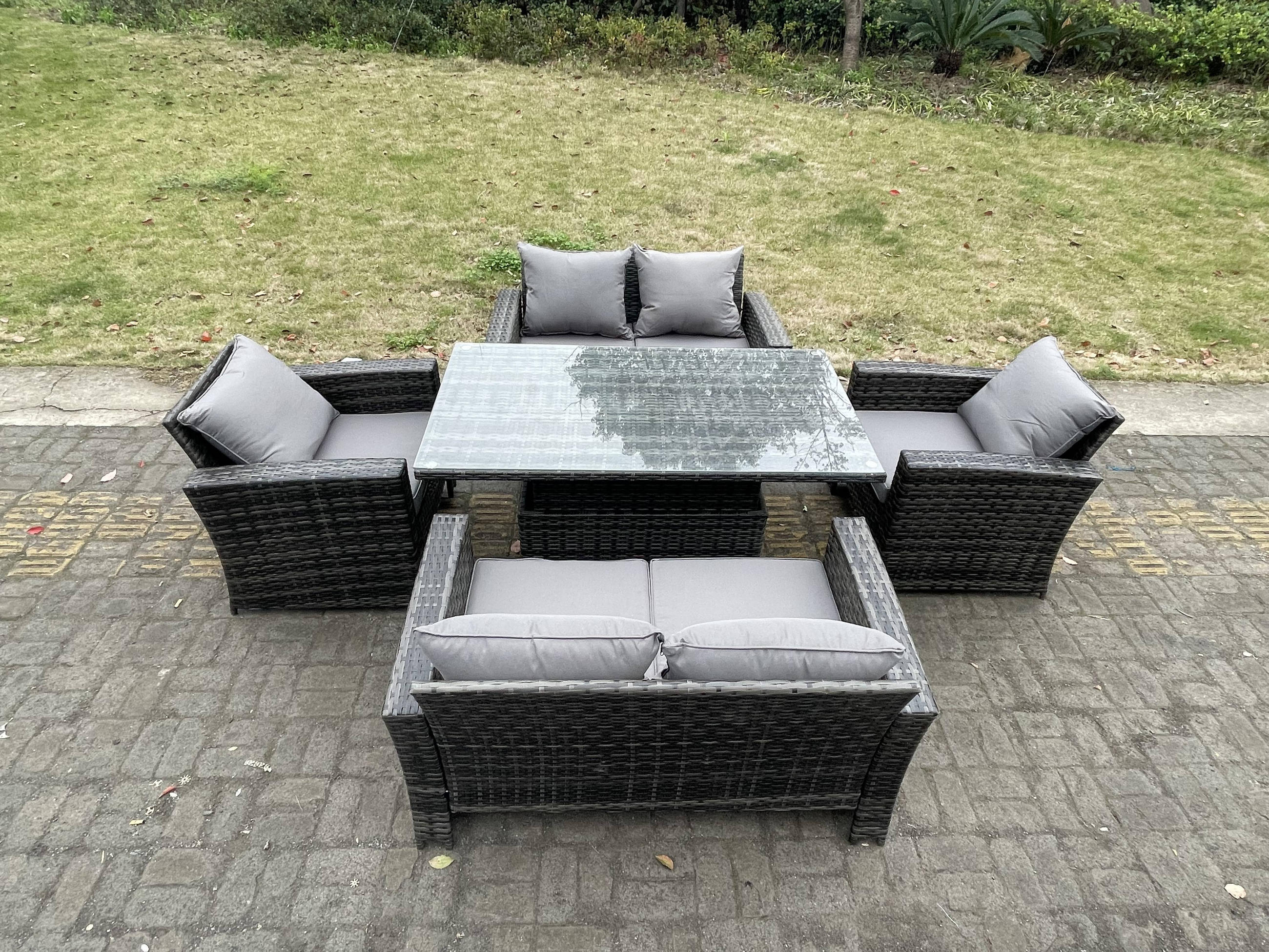 GARTENMÖBEL-SET HÖHENVERSTELLBARER ESSTISCH SESSEL SOFA Polyrattan Dunkelgrau Gemischt 6-Sitzer - Dunkelgrau, Metall - Fimous