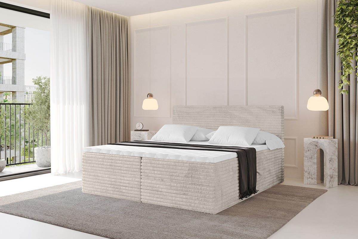 BOXBETT mit Matratze H4 und Lattenrost - TOLO-v1 - 200x200 Cord - Creme - Creme, Holzwerkstoff (200/200cm)