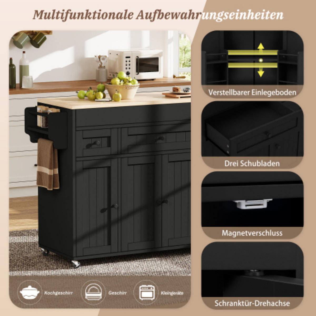KÜCHENINSEL mit seitlich ausziehbarer Arbeitsplatte schwarz-natur 137-190,6×45,2×92 cm aus MDF - Schwarz, Holzwerkstoff (190.6/92/45.2cm) - Luhomfu