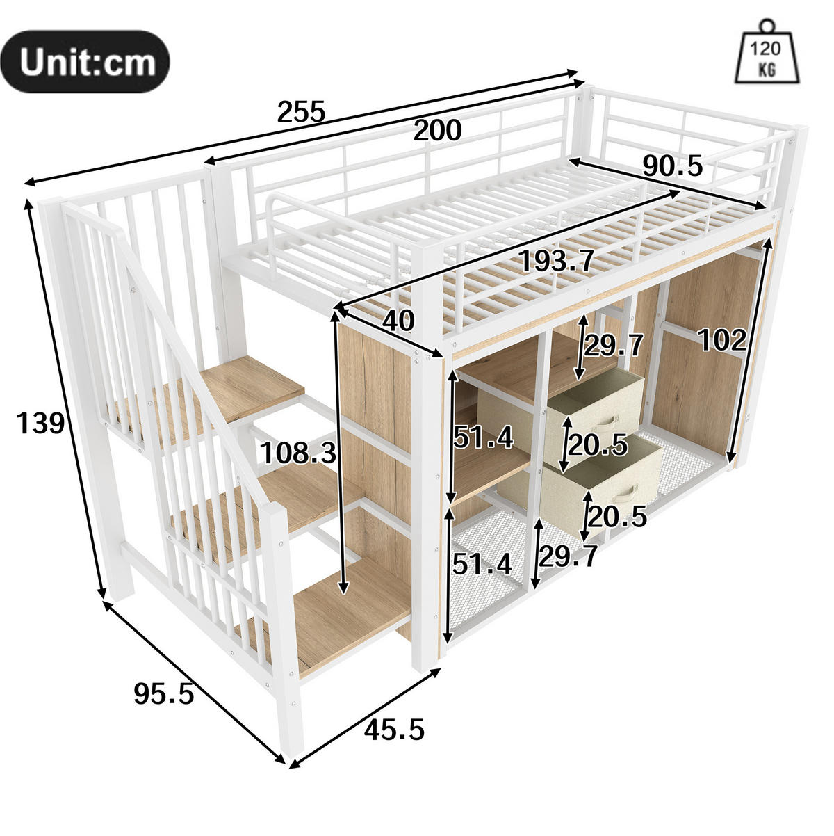 HALBHOHES Bett aus Metall und MDF 90x200 cm Weiß mit Schubladen, offenem Kleiderbereich und LED-Beleuchtung - Weiß, Metall (90/200cm) - IVMEU