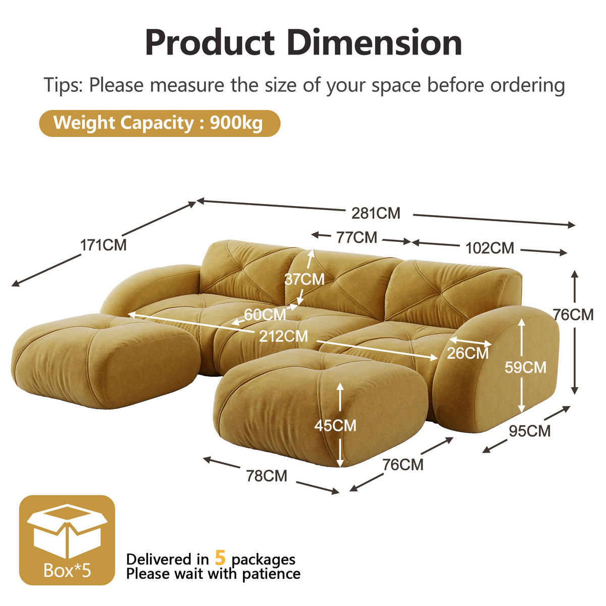 3-SITZER Sofa 281x171x76 cm aus Chenille-Stoff rahmenlos modular mit 2 Hockern, gelb - Gelb, Textil (171/76/281cm)