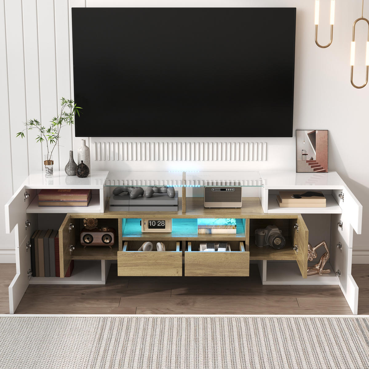 TV-ELEMENT mit LED-Beleuchtung 145 cm Weiß Holzoptik - Weiß, Holzwerkstoff (30/51/145cm) - Beauniv