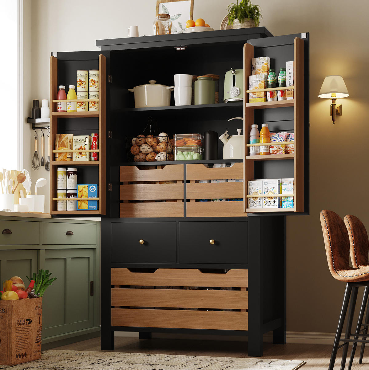 HIGHBOARD 80/40/140 cm aus MDF/Metall mit 5 Schubladen und Doppeltür Schwarz - Schwarz, Holzwerkstoff (80/140/40cm) - Modenvie