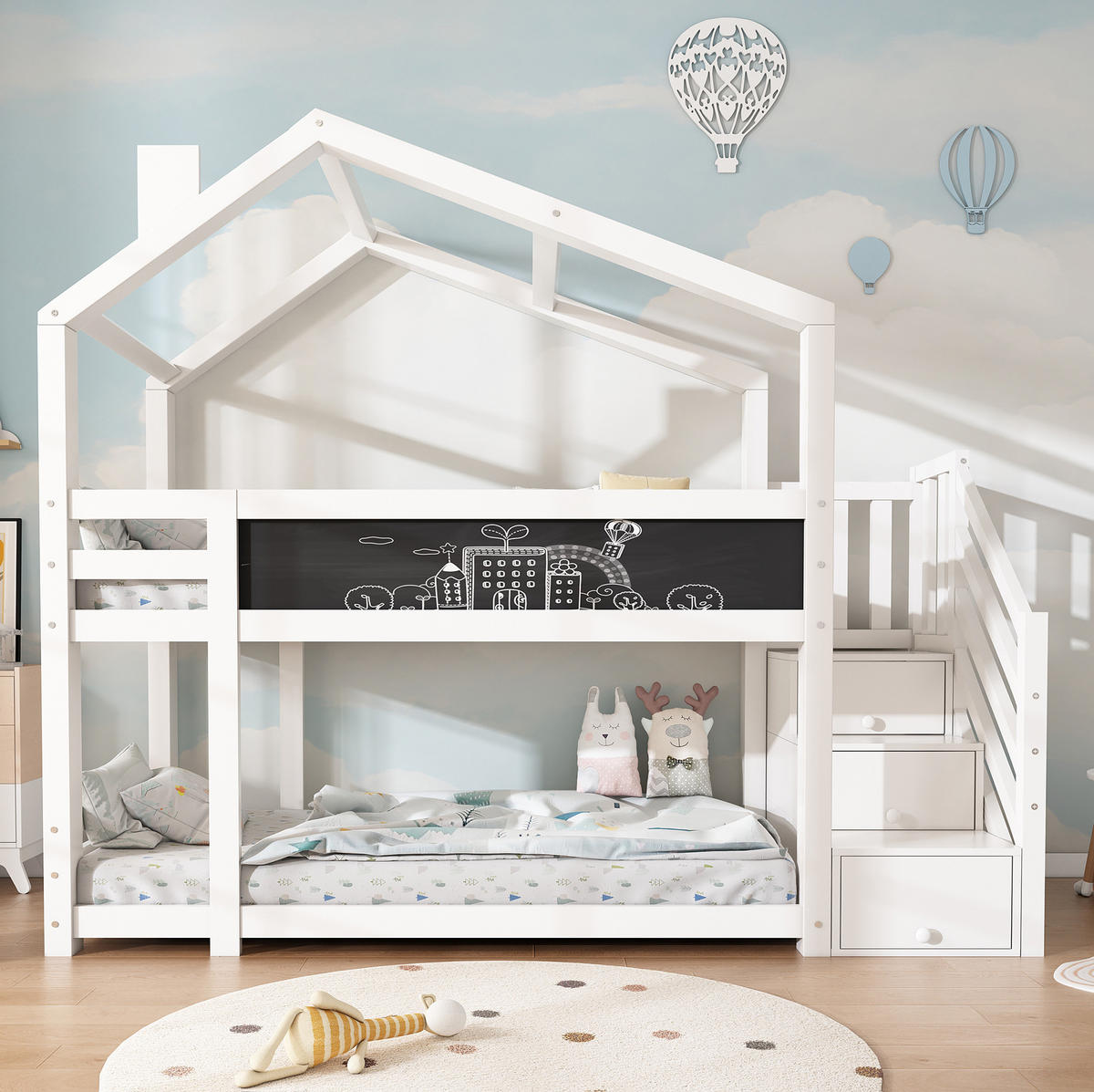HAUSBETT 90/200 cm in Weiß mit Stauraum, Wandtafel und 2 Lattenrosten - Weiß, Holzwerkstoff (90/200cm) - BEAOK