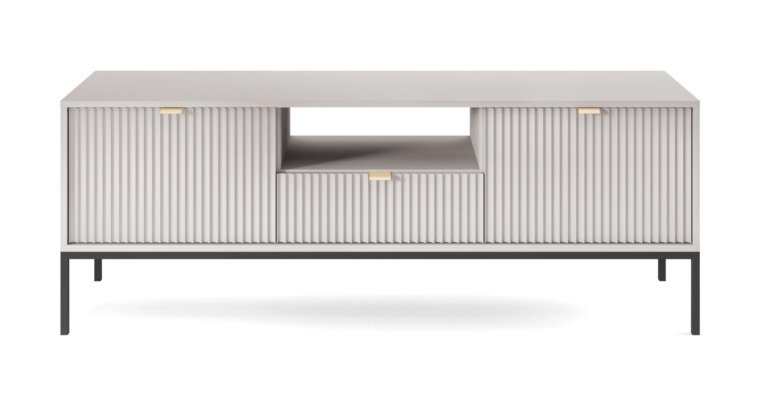 LOWBOARD Eternas 2T 1S Grau 154/56/39 cm – schwarze Füße, mit geriffelten Fronten und offener Ablage - Schwarz/Grau, Holzwerkstoff (154/56/39cm) - AX Living