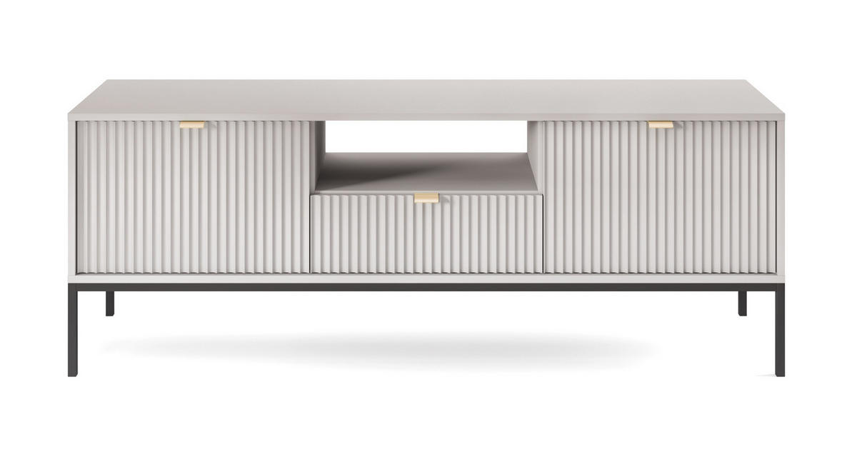 LOWBOARD Eternas 2T 1S Grau 154/56/39 cm – schwarze Füße, mit geriffelten Fronten und offener Ablage - Schwarz/Grau, Holzwerkstoff (154/56/39cm) - AX Living