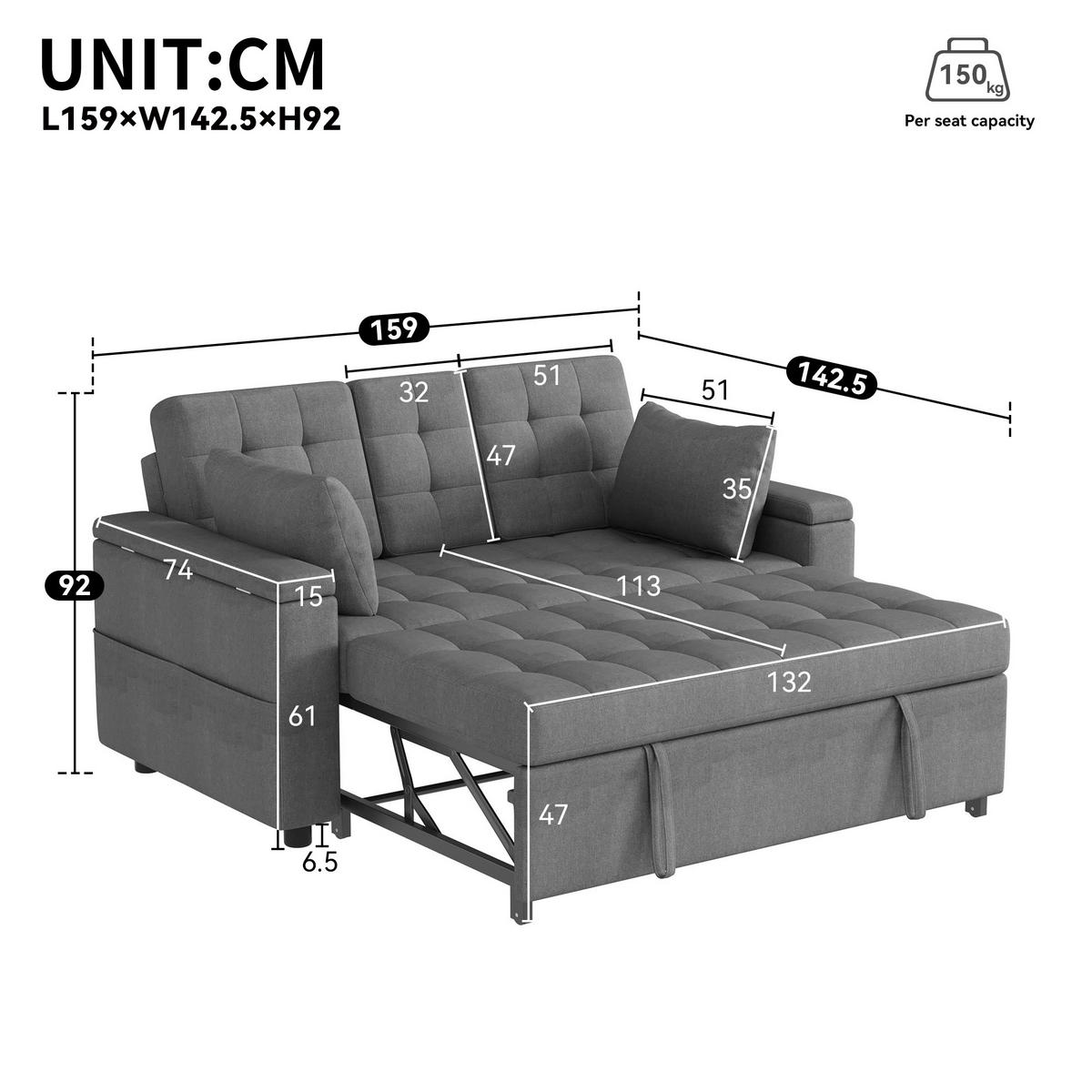 2-SITZER SCHLAFSOFA Leinen Grau mit Stauraum und Kissen - Grau, Holzwerkstoff/Kunststoff (159/92/142.5cm) - WISHDOR