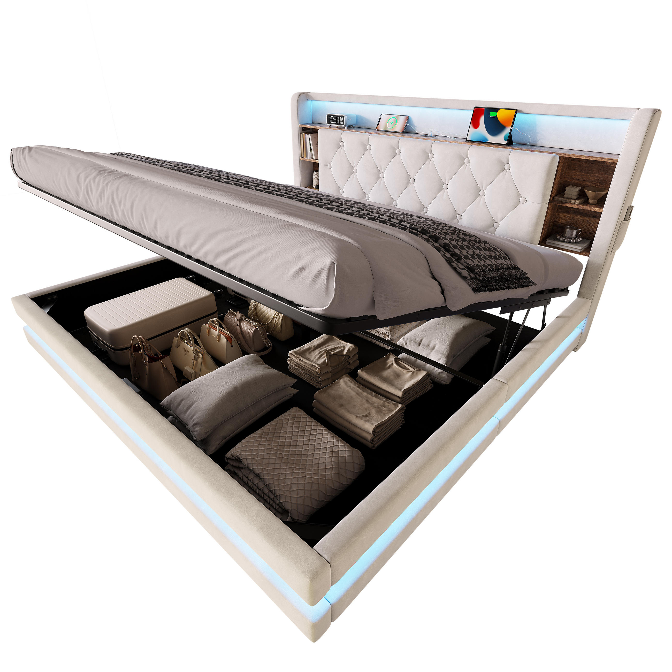 BOXBETT 180/200 mit LED/USB, Kopfteil-Regal & Hydraulik, Samt, Beige - Beige, Holz (180/200cm) - LVHOM