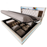 BOXBETT 180/200 mit LED/USB, Kopfteil-Regal & Hydraulik, Samt, Beige - Beige, Holz (180/200cm) - LVHOM