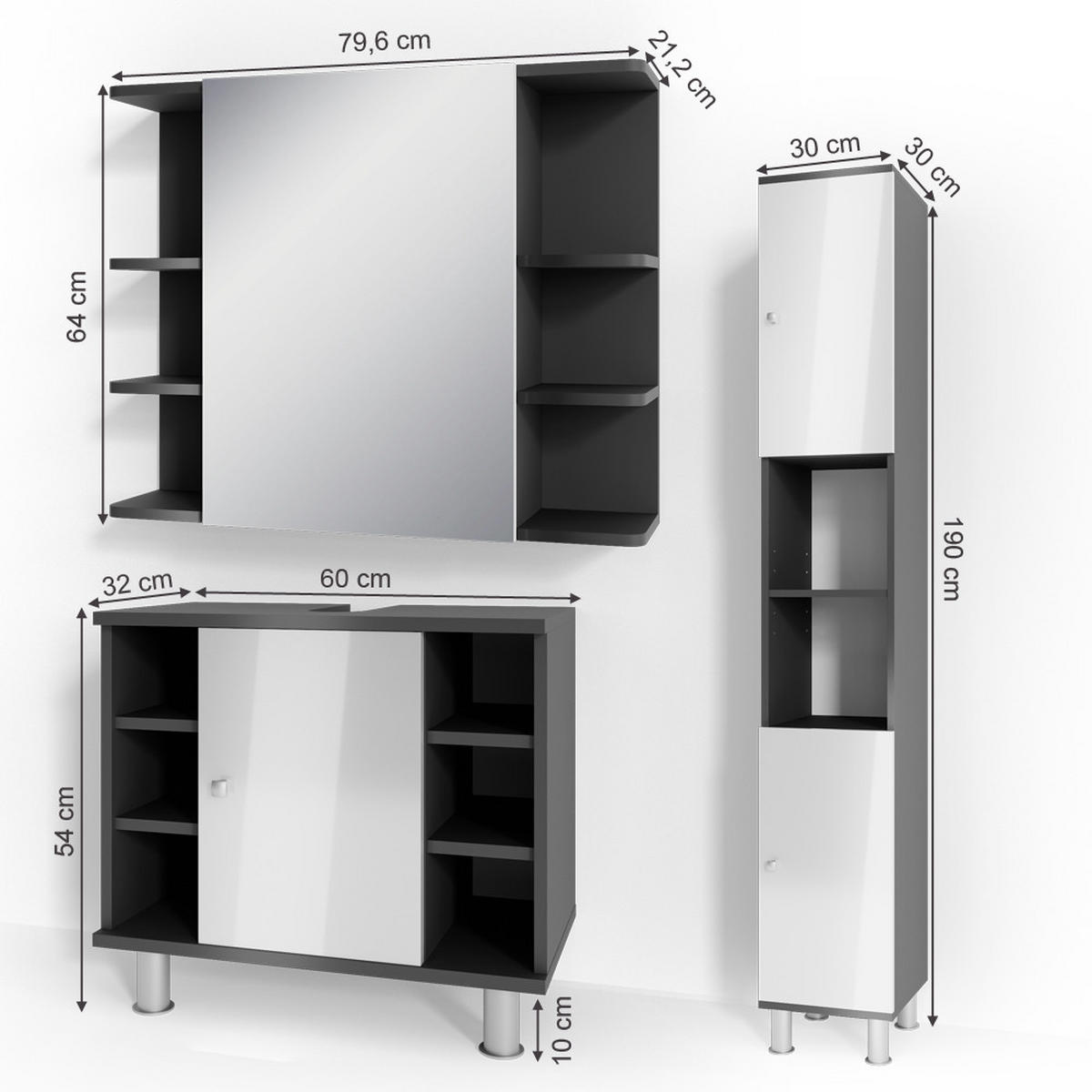 BADMÖBEL-SET Fynn Anthrazit 3 Teile, mit Hochschrank - Weiß Hochglanz/Anthrazit, Holzwerkstoff (60/54/32cm) - Vicco