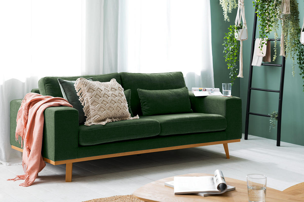 2-SITZER SOFA - Dunkelgrün/Buchefarben, Buchenholz/Textil (197/81/88cm) - home24